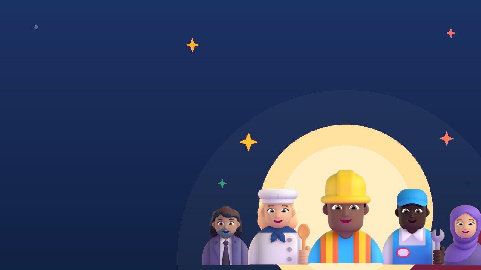 Friendly illustrations of an office worker, a cook, a construction worker, a mechanic and a woman in a headscarf